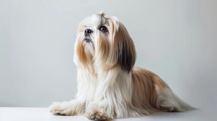 Shih tzu dog resting on a white surface, gazing up with its head lifted