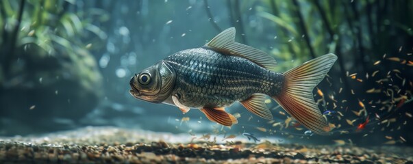 Evolution of a fish species transitioning from water to land, 4K hyperrealistic photo
