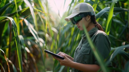 Female Farm Worker Using Digital Tablet With Virtual Reality Artificial Intelligence (AI) for Analyzing Plant