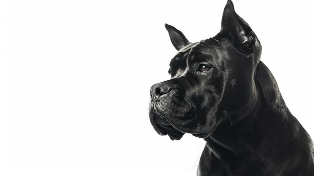 Powerful black cane corso dog with attentive expression posing on a white background in a photography studio