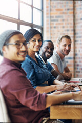 Man, group and portrait for office meeting at startup agency at workshop for entrepreneurship,...