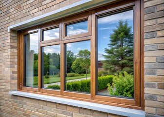 A sleek, modern window with transparent glass panels, mounted in a sturdy frame, allowing natural light to illuminate the room while blocking unwanted external elements.