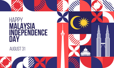 Happy Independence Day Malaysia Banner. August 31 Malaysian independence day or Merdeka day greeting card design. Modern pattern, poster template. Vector Illustration.