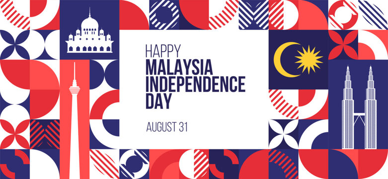 Happy Independence Day Malaysia Banner. August 31 Malaysian independence day or Merdeka day greeting card design. Modern pattern, poster template. Vector Illustration.