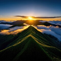Breathtaking sunrise over mountain peaks, with lush greenery and soft clouds creating a serene landscape.