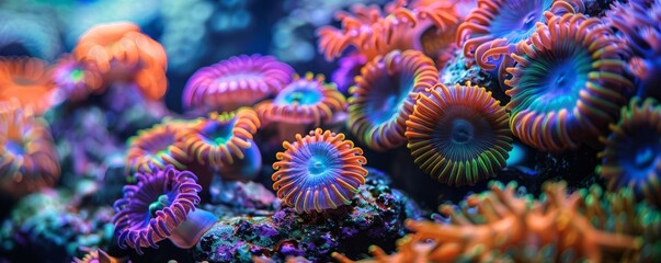 Fototapeta premium Colorful coral polyps under the sea, 4K hyperrealistic photo