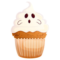 Halloween ghost cupcake. Spooky night sweet pastry isolated on white.