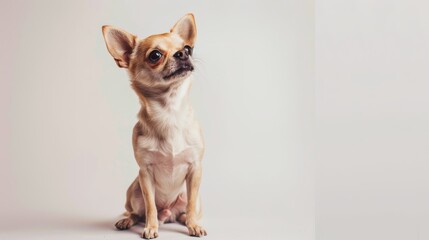 Adorable little chihuahua dog sitting and posing, gazing upwards on a white backdrop