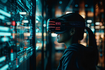 A woman interacts with a high-tech VR headset in a technology-focused room brimming with colorful digital interfaces and data projections, highlighting advanced virtual reality use.