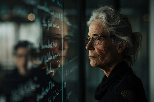 An elderly woman is seen reflected on a glass wall covered in handwritten notes, contemplating and examining the markings in a dimly lit modern interior space.