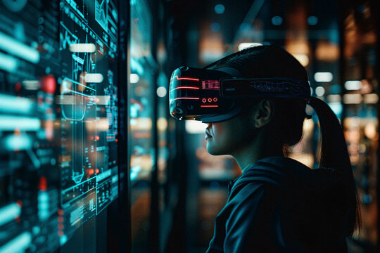 A woman interacts with a high-tech VR headset in a technology-focused room brimming with colorful digital interfaces and data projections, highlighting advanced virtual reality use.