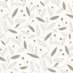 Seamless beige pattern of wavy branches with leaves and berries. Minimalist decorative botanical print.