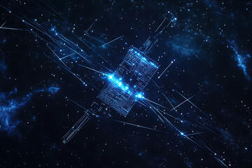 An abstract digital background showcasing a satellite 
