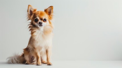 Alert and attentive small, long-haired chihuahua sits on a white background
