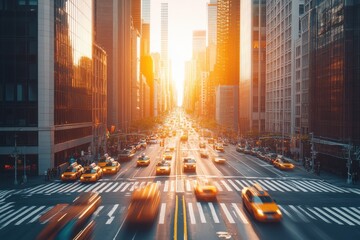 A bustling New York City street captured during the golden hour, with yellow taxis moving through...