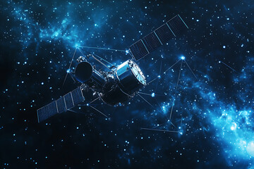 An abstract digital background showcasing a satellite 