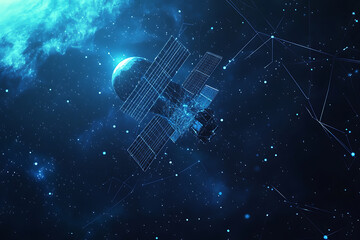 An abstract digital background showcasing a satellite 