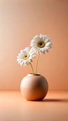 Minimalist composition featuring a simple, round vase placed on a light surface against a soft peach-colored background.