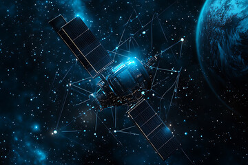 An abstract digital background showcasing a satellite 