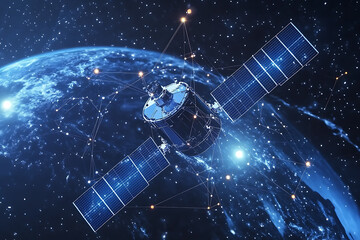 An abstract digital background showcasing a satellite 