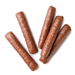 Chocolate sticks on a white background. Top view