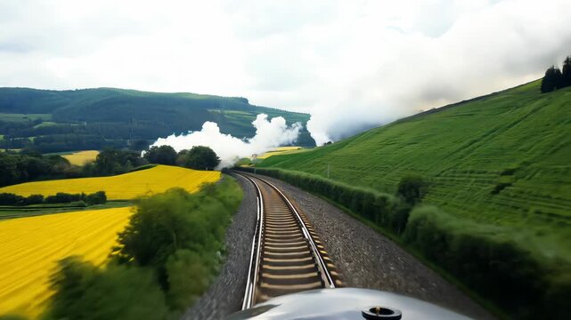 Hand Held POV Shot of Vintage Steam Train Journeying Through Picturesque Countryside - Cinematic Nostalgic Video

