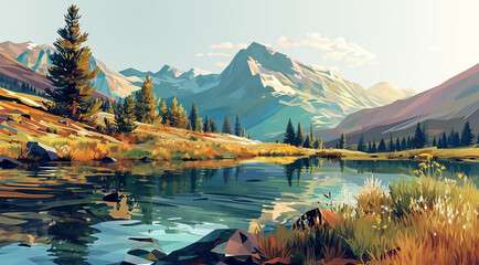 Vector low poly style mountain landscape illustration. Travel design with geometric low-poly peaks, sunlit nature, river, and forest. perfect for adventure, hiking, and tourism 