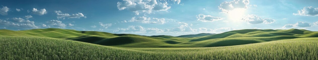 Fototapeta premium Serene Pastoral Landscape: 4K Wallpaper of Lush Green Meadow on Rolling Hills under Blue Sky with Fluffy Clouds. Idyllic Countryside Scene for Creative Marketing, Agricultural Packaging, and Nature-in