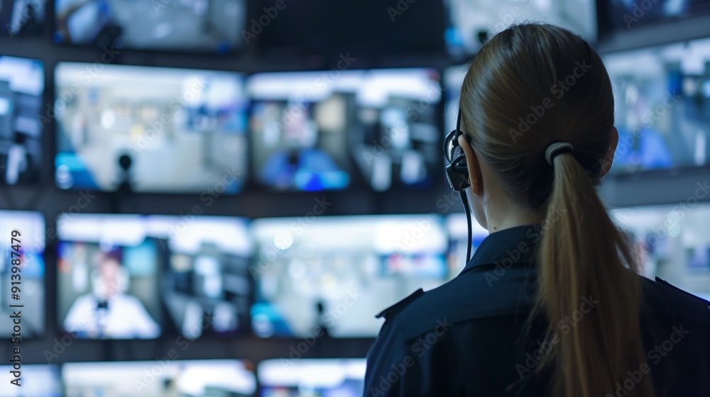 Poster surveillance operator monitoring multiple security feeds in control room during late night shift