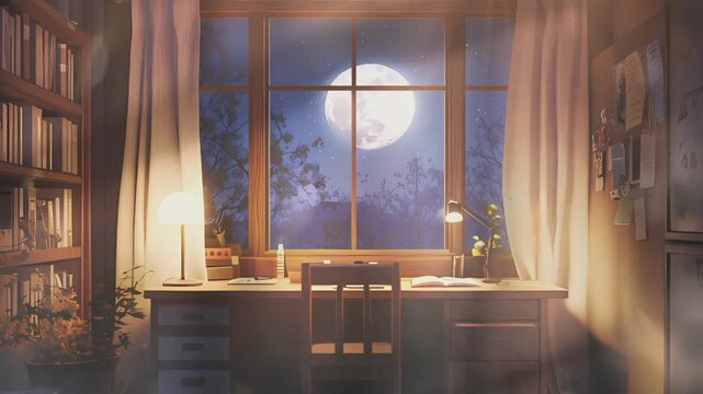 A cozy lofi student study room with a wooden desk.