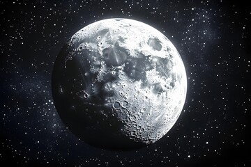 Naklejka premium Magical view realistic grey surfaced moon in deep outer space with numerous stars, 3d render