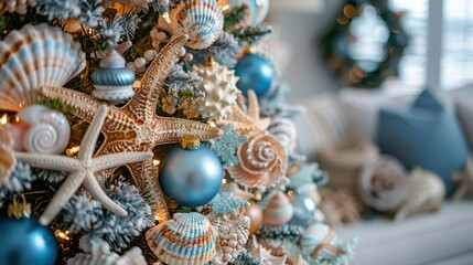 Obraz premium A coastal-themed Christmas tree adorned with seashells, starfish, and ocean-blue ornaments. 