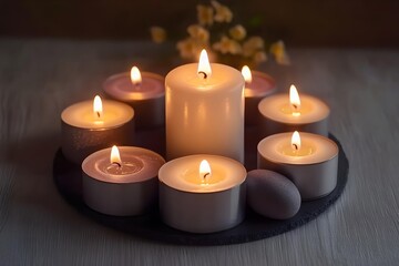 Minimalist circle of candles emitting warm inviting light, focused on gentle glow