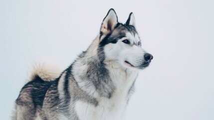 Obraz premium Majestic husky dog standing in a snow-covered scenery and gazing into the distance