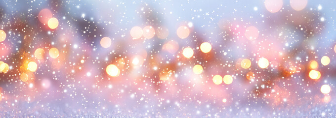 Obraz premium Dreamy Christmas Winter Scene with Bokeh, Sparkling Snowflakes, and Christmas Tree Branches, Light Blue and White Blurred Background for Festive and Seasonal Use