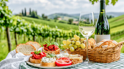 Authentic Italian Bruschetta with Fresh Tomatoes and Basil A Classic Appetizer This vibrant image showcases delicious bruschetta topped with diced tomatoes and fresh basil, set against a warm, rustic 