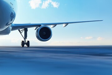 Commercial airplane on runway, close-up of landing gear and engine, clear sky, aviation industry, ground operations, aircraft preparation, travel, sunny day, ready for takeoff, copy space

