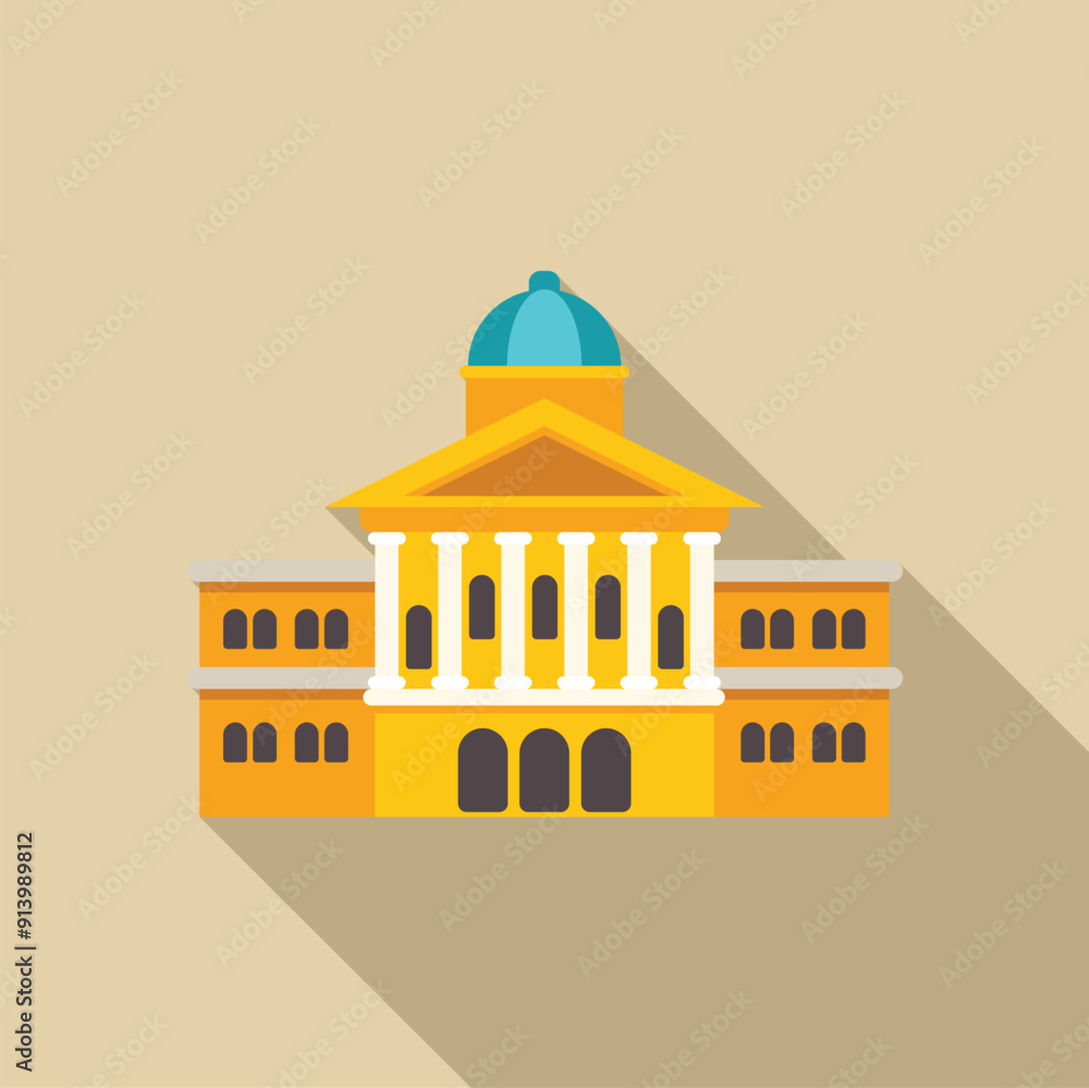 Poster government building with dome and columns is shown in flat design with long shadow
