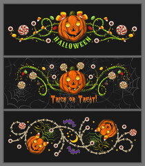 Set of Halloween banners, borders with sweets, creepy red eyeball, green swirls, text, pumpkin head like happy kids. For horizontal holiday poster, header for website, social media, prints