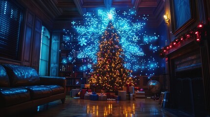 Obraz premium A tech-savvy Christmas tree featuring smart lights, digital ornaments, and a holographic star topper. 