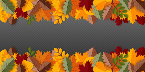 Autumn background with border of falling leaves on trasperent background with place for text. Vector illustration.