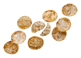 Rice chips flying on a white background. Isolated