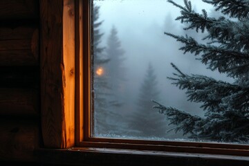 A window on a cozy log cabin, with the silhouette of pine trees outside. 
