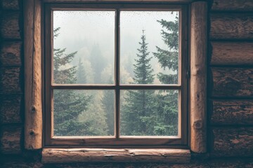 Fototapeta premium A window on a cozy log cabin, with the silhouette of pine trees outside. 