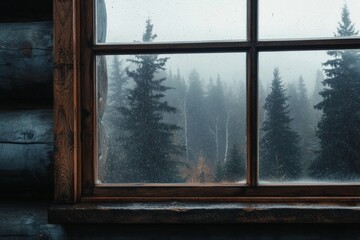 Fototapeta premium A window on a cozy log cabin, with the silhouette of pine trees outside. 