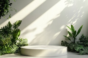 Studio podium backdrop for product display, Blank showcase mockup with natural elements, with generative ai