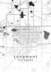 Minimalist white map of Longmont, Colorado – A modern map print highlighting infrastructure of the city, useful for tourism purposes
