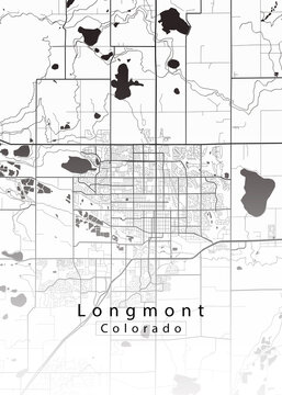 Minimalist white map of Longmont, Colorado &ndash; A modern map print highlighting infrastructure of the city, useful for tourism purposes
