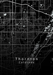 Minimalist black map of Thronton, Colorado – A modern map print highlighting infrastructure of the city, useful for tourism purposes
