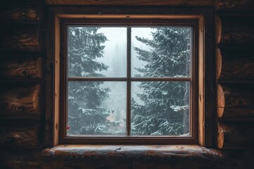 A window on a cozy log cabin, with the silhouette of pine trees outside. 